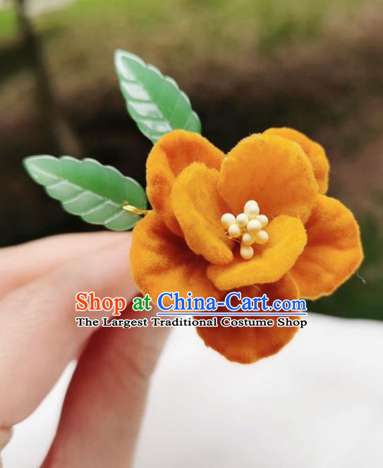 Chinese Qing Dynasty Ginger Velvet Camellia Hair Stick Handmade Hair Accessories Hanfu Ancient Princess Flowers Hairpins