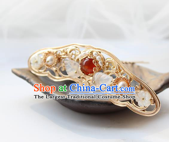 Chinese Classical Golden Hair Crown Handmade Hanfu Hair Accessories Ancient Ming Dynasty Empress Garnet Hairpins