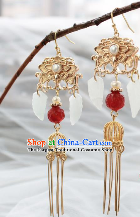 Chinese Handmade Golden Tassel Earrings Classical Jewelry Accessories Hanfu Ming Dynasty Agate Eardrop