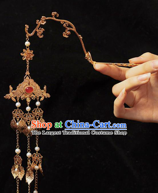 Chinese Classical Golden Leaf Tassel Step Shake Hair Stick Handmade Hanfu Hair Accessories Ancient Ming Dynasty Court Hairpins