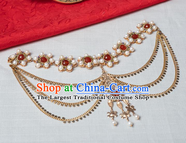 Chinese Classical Pearls Hair Clasp Handmade Hanfu Hair Accessories Ancient Tang Dynasty Palace Princess Hairpins Golden Eyebrows Pendant