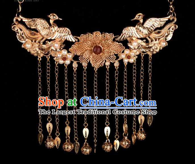 Chinese Handmade Golden Bells Tassel Necklet Classical Jewelry Accessories Ancient Ming Dynasty Princess Hanfu Pearls Phoenix Necklace for Women