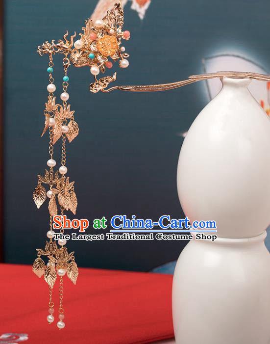 Chinese Classical Golden Lotus Tassel Hair Stick Handmade Hanfu Hair Accessories Ancient Ming Dynasty Empress Phoenix Hairpins