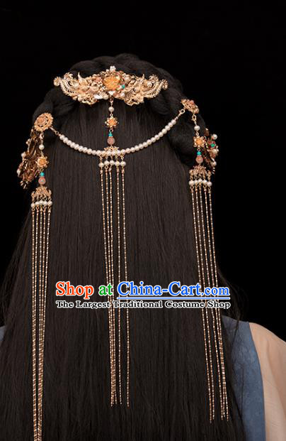 Chinese Classical Golden Tassel Hair Crown Handmade Hanfu Hair Accessories Ancient Song Dynasty Princess Phoenix Hairpins
