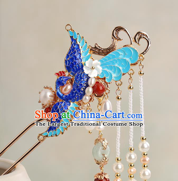 Chinese Classical Palace Blueing Phoenix Hair Sticks Handmade Hanfu Hair Accessories Ancient Ming Dynasty Princess Pearls Tassel Hairpins