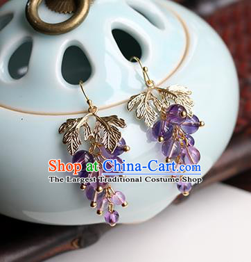 Chinese Handmade Grape Earrings Classical Ear Accessories Hanfu Ming Dynasty Princess Amethyst Beads Eardrop