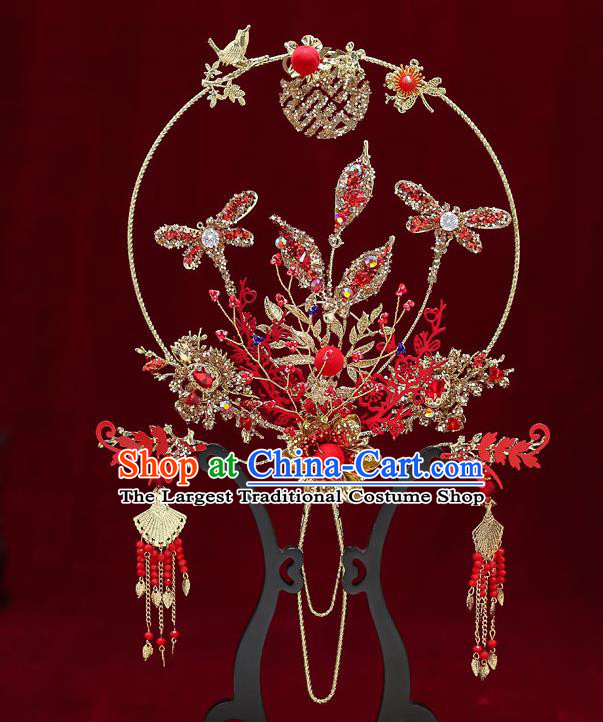 Chinese Handmade Wedding Red Dragonfly Palace Fans Classical Fans Ancient Bride Crystal Round Fans