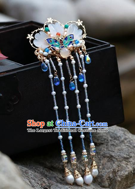 Chinese Classical Palace Blue Beads Tassel Hair Stick Handmade Hanfu Hair Accessories Ancient Qing Dynasty Princess Blueing Butterfly Hairpins