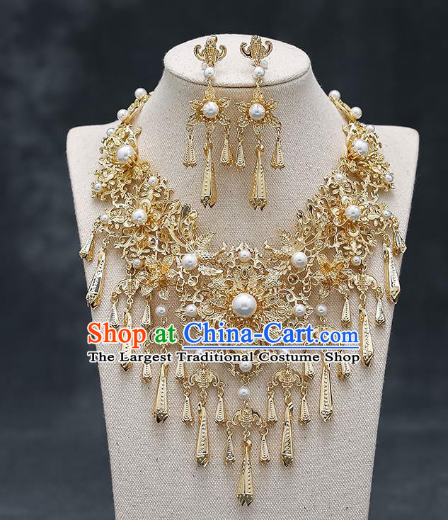 Chinese Handmade Hanfu Golden Peony Necklet and Earrings Classical Jewelry Accessories Ancient Wedding Necklace for Women