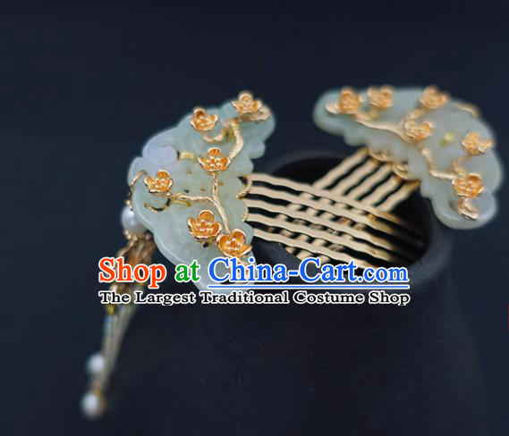 Chinese Classical Golden Plum Hair Combs Handmade Hanfu Hair Accessories Ancient Song Dynasty Empress Hade Tassel Hairpins