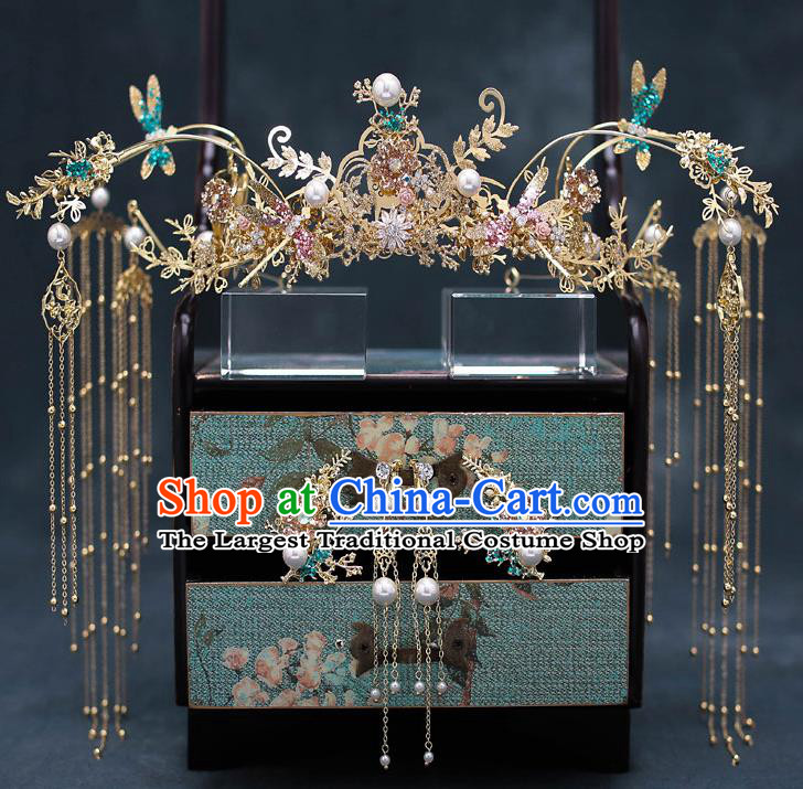 Chinese Handmade Classical Wedding Hair Accessories Ancient Bride Hairpins Green Dragonfly Phoenix Coronet Complete Set