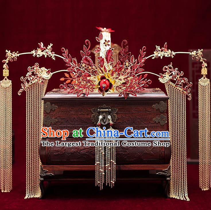 Chinese Handmade Phoenix Coronet Classical Wedding Hair Accessories Ancient Bride Hairpins Red Crystal Hair Crown Complete Set