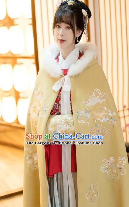 Chinese Traditional Ancient Court Lady Hanfu Apparels Ming Dynasty Historical Costumes Embroidered Yellow Woolen Cloak