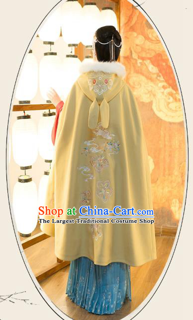 Chinese Traditional Ancient Court Lady Hanfu Apparels Ming Dynasty Historical Costumes Embroidered Yellow Woolen Cloak