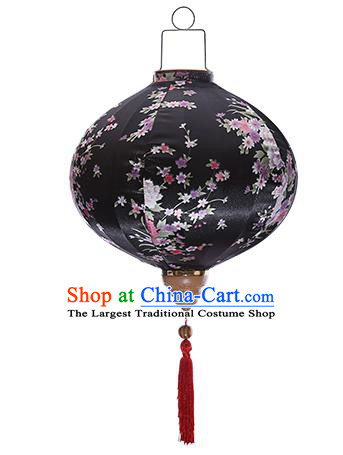 Chinese Handmade Printing Sakura Black Satin Palace Lanterns Traditional New Year Lantern Classical Mid Autumn Festival Lamp
