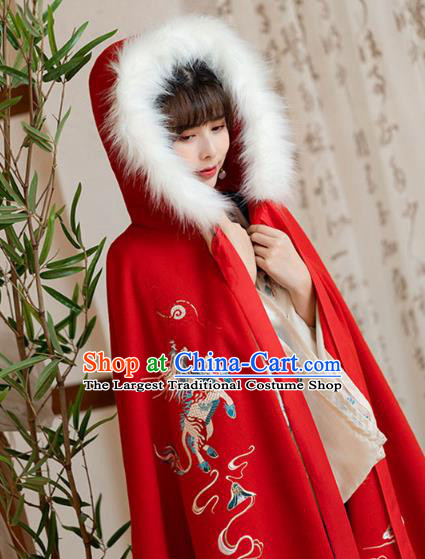 Chinese Traditional Ancient Royal Princess Hanfu Cape Apparels Ming Dynasty Historical Costumes Embroidered Red Woolen Cloak