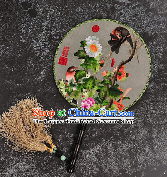 Chinese Traditional Embroidered Palace Fans Craft Handmade Embroidery Chrysanthemum Birds Round Fan Silk Fan