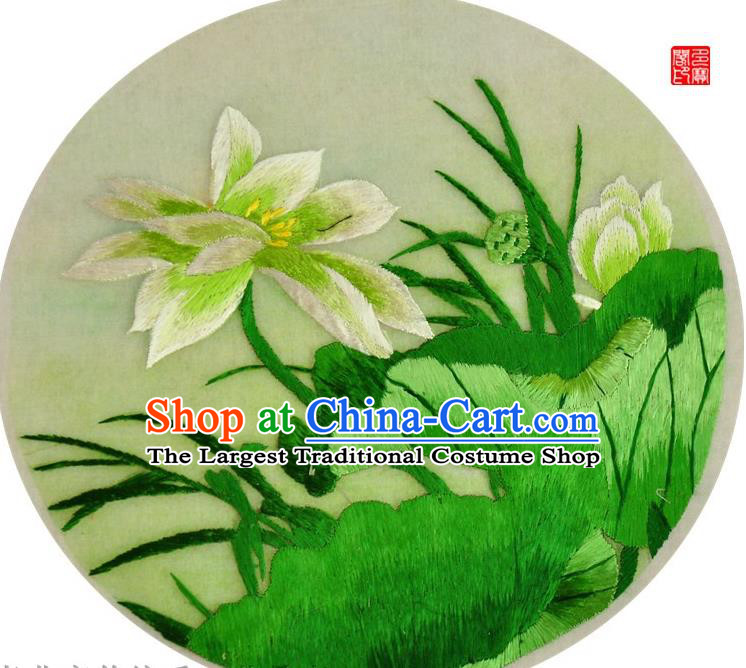 Traditional Chinese Embroidered Green Lotus Decorative Painting Hand Embroidery Silk Round Wall Picture Craft