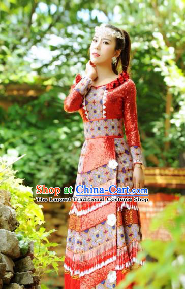 China Yunnan Yao Nationality Bride Apparels Minority Wedding Clothing Ethnic Women Folk Dance Red Dress