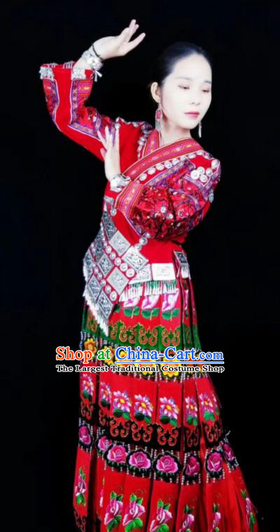 China Xiangxi Miao Minority Wedding Red Blouse and Skirt Traditional Ethnic Festival Apparels Bride Clothing with Headdress