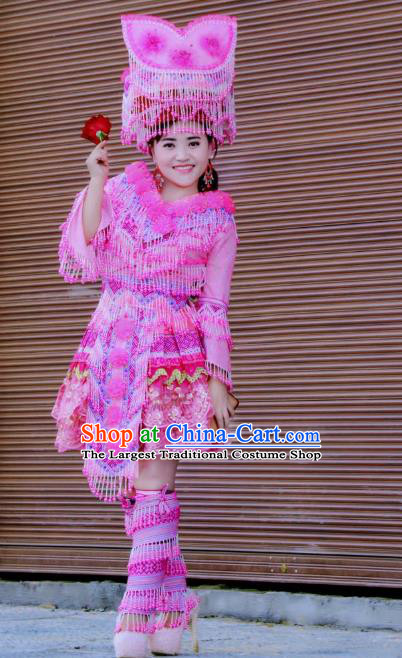 Custom Yunnan Ethnic Wedding Dress Top Quality China Miao Minority Bride Rosy Costume and Hat for Women