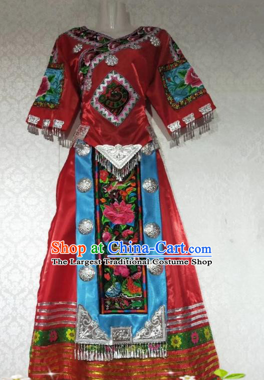 China Folk Dance Red Outfits Traditional Miao Ethnic Nationality Embroidered Costumes