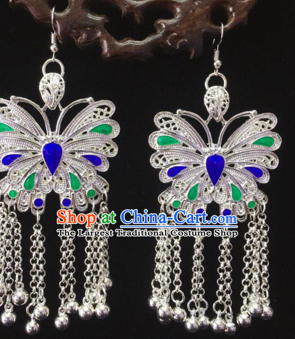 China Hmong Silver Butterfly Ear Accessories Handmade Guizhou Miao Ethnic Bells Tassel Earrings