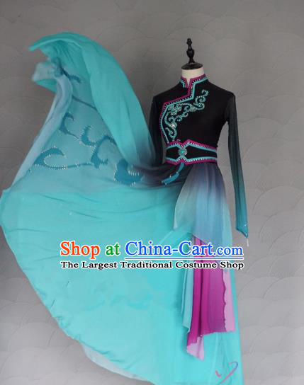 China Traditional Mongol Nationality Costumes Ethnic Folk Dance Clothing Mongolian Minority Dance Blue Dress for Women
