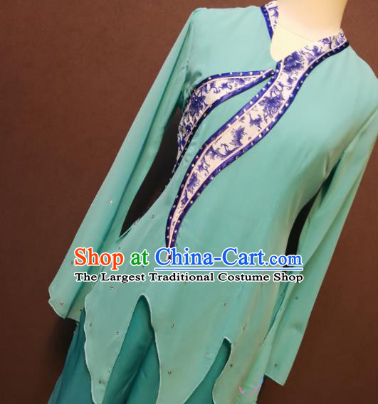 China Folk Dance Costumes Fan Dance Dress Spring Festival Gala Blue Blouse and Pants Outfits