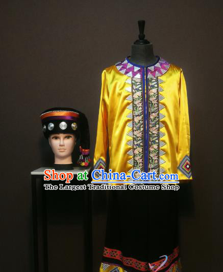 China Traditional Yunnan Nationality Costumes Tu Ethnic Folk Dance Clothing Nu Minority Men Golden Shirt Pants and Headwear