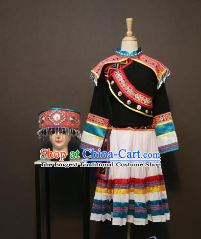 China Traditional Nationality Minority Costumes Sibo Ethnic Folk Dance Clothing Women Black Blouse and Skirt with Headdress