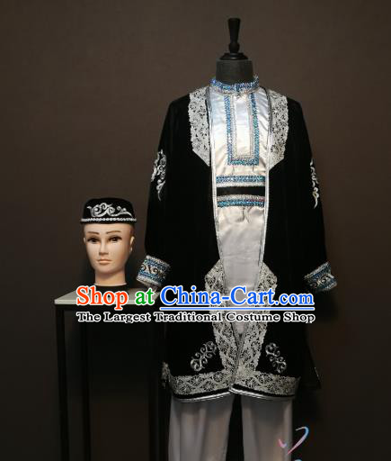 China Traditional Xinjiang Ethnic Dance Clothing Uyghur Nationality Black Shirt and Pants Minority Men Costumes and Headwear