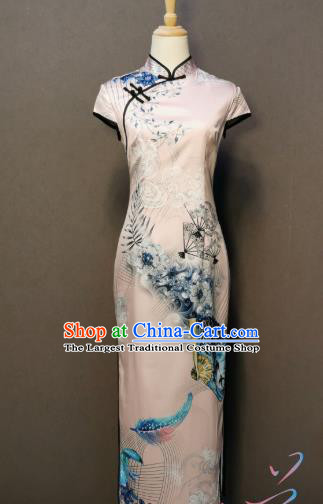 China Printing White Silk Qipao Dress Shanghai Traditional Cheongsam Classical Dance Costume