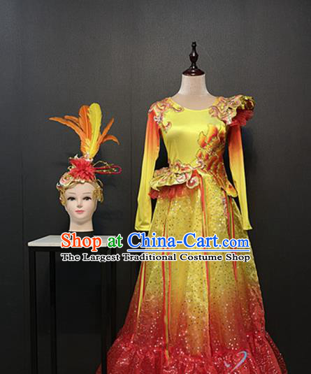 China Women Classical Dance Clothing Spring Festival Gala Opening Dance Costumes Peony Dance Yellow Dress and Feather Headwear