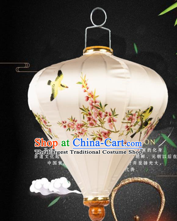 Handmade Chinese Printing Peach Blossom Birds Palace Lanterns Traditional New Year Lantern Classical Festival White Satin Lamp