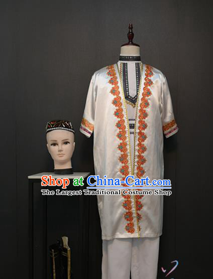 Custom Uyghur Nationality White Outfits China Xinjiang Ethnic Male Clothing Traditional Minority Dance Costumes and Hat