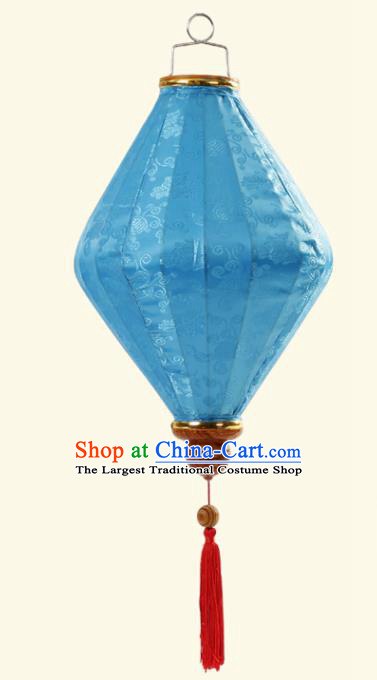 Handmade Chinese Classical Floral Scroll Pattern Blue Silk Palace Lanterns Traditional New Year Decoration Lantern Spring Festival Lamp