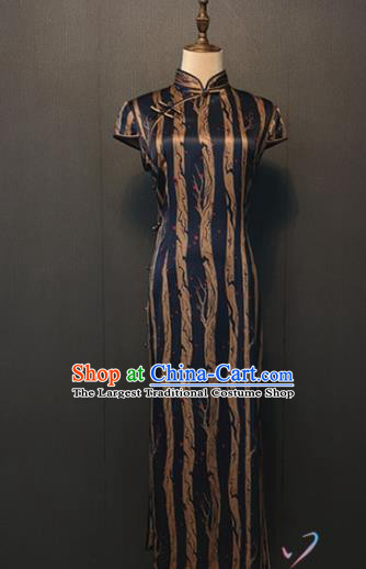 Custom Young Mistress Cheongsam Women Clothing Shanghai Classical Navy Silk Qipao Dress