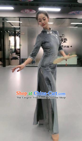 Traditional China Classical Dance Costume Drama Performance Grey Velvet Qipao Dress