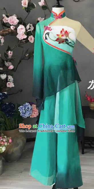 China Folk Dance Costume Traditional Fan Dance Clothing Dance Competition Performance Green Chiffon Outfits