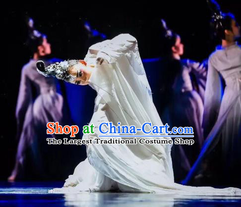 China Classical Dance Costume Traditional Court Dance Clothing Dance Competition White Dress and Headwear