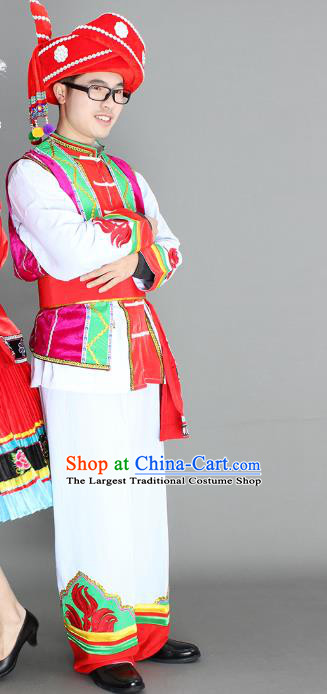 China Yi Ethnic Men Clothing Custom Traditional Yi Minority Nationality Folk Dance Costumes and Hat