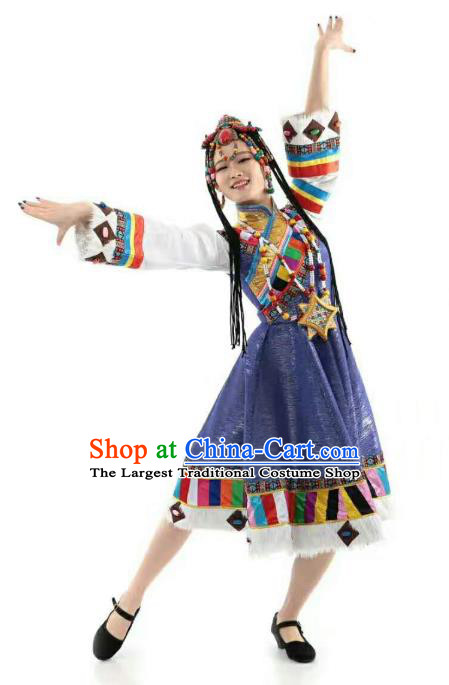 China Tibetan Ethnic Folk Dance Clothing Custom Traditional Zang Minority Nationality Costumes Blue Dress and Headwear