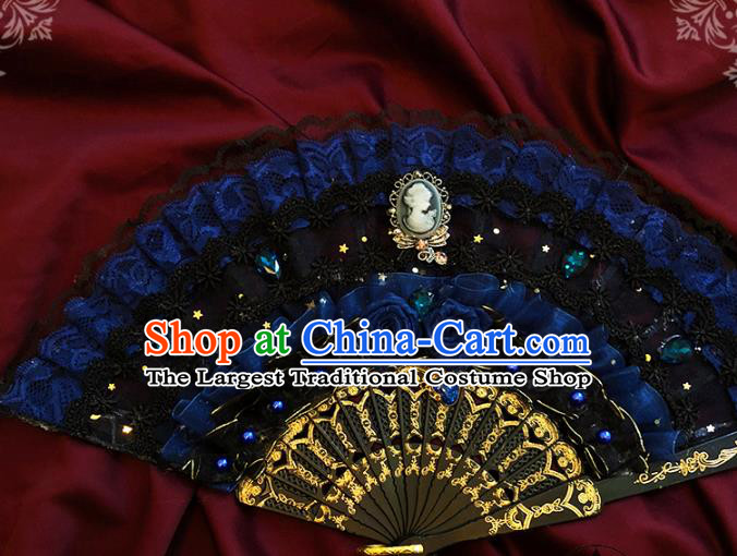 Handmade Blue Silk Roses Folding Fans Classical European Court Fan Victorian Era Lace Accordion