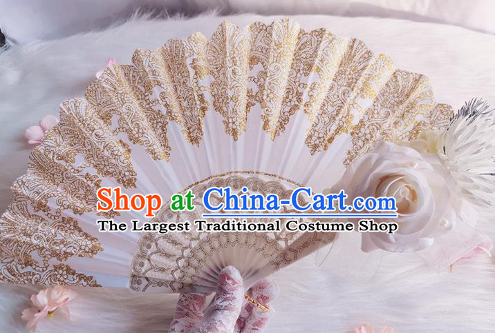 Classical White Rose Flower Fan Handmade Retro Folding Fans Europe Court Accordion