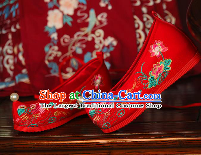 China Bride Shoes Princess Shoes Handmade Wedding Shoes Embroidered Mandarin Duck Shoes Hanfu Red Cloth Shoes
