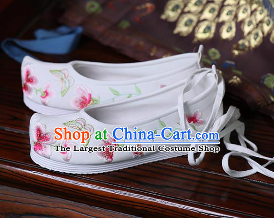 China White Cloth Shoes Handmade Bow Shoes Princess Shoes Hanfu Shoes Embroidered Butterfly Flowers Shoes
