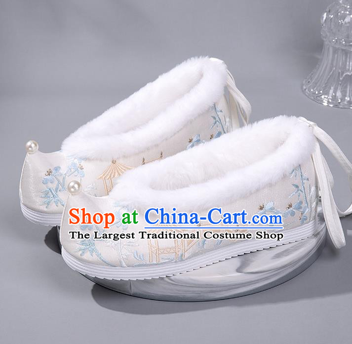 China Ancient Embroidered Bamboo Pavilion Bow Shoes Ming Dynasty Princess Shoes White Satin Shoes Handmade Winter Shoes Hanfu Pearl Shoes