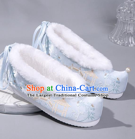 China Hanfu Pearl Shoes Ancient Embroidered Bamboo Pavilion Bow Shoes Ming Dynasty Princess Shoes Handmade Winter Shoes Blue Satin Shoes