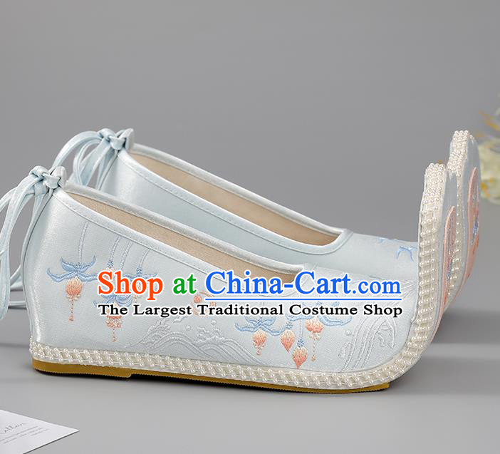 China Light Blue Embroidered Lotus Shoes Cloth Shoes Han Dynasty Shoes Traditional Hanfu Shoes Princess Shoes